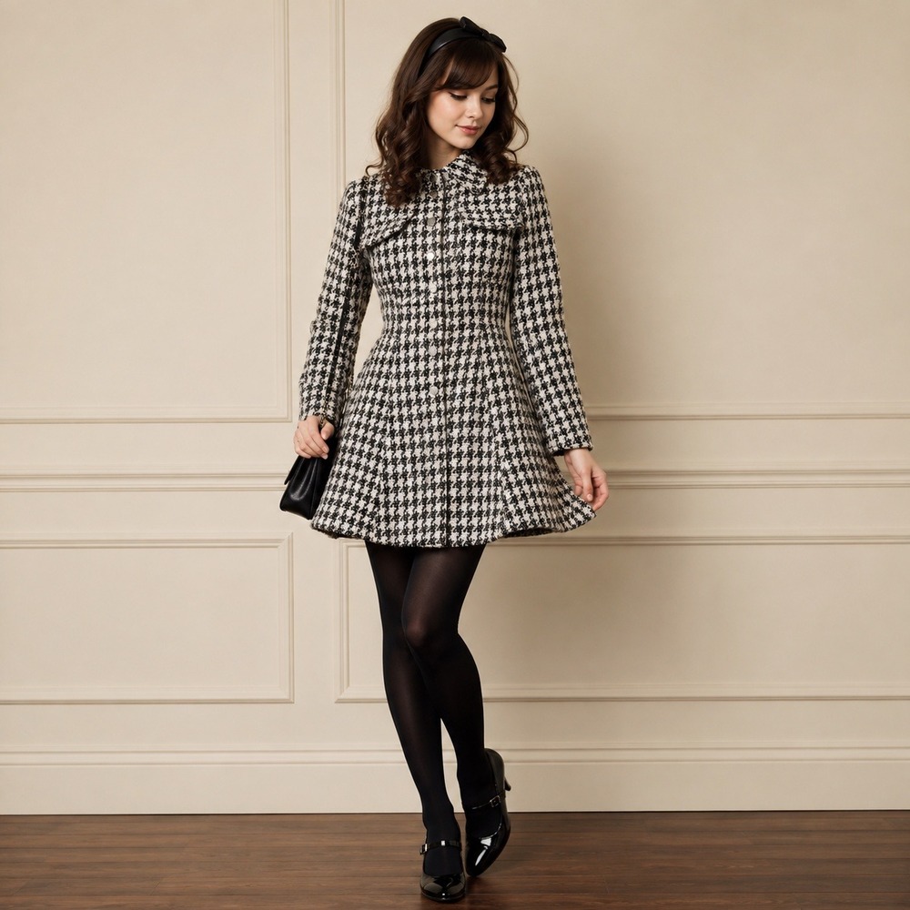 Laundry by Shelli Segal Tweed Coat XXS Black White Houndstooth Mod Twee Retro